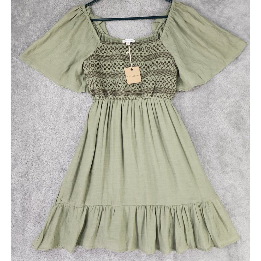 Blu Pepper Dress Womens Small Olive Green Square Neck Ruffled Mini Knee Length